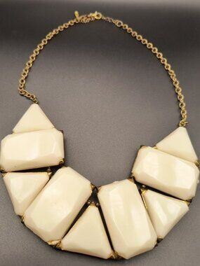 Vintage Geometric Statement Necklace With White Acrylic Gems & Brass-Tone Chain